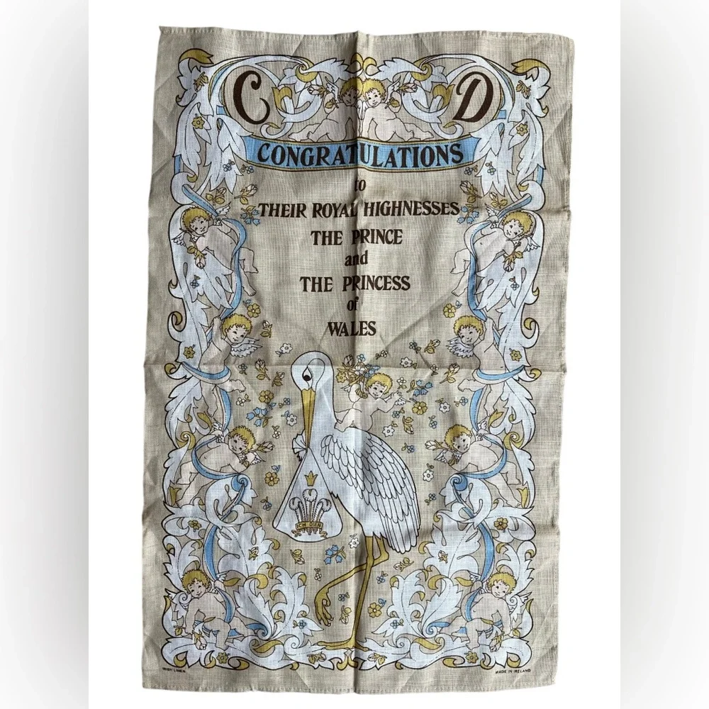 Vintage Royal Baby Stork‎ Irish Linen Tea Towel Made in Ireland 18.5 x 29 Wales